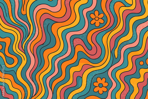 Abstract hand drawn psychedelic groovy background. Retro wavy vector in trendy 70s hippie style with flowers. Trippy vintage liquid seamless pattern for wallpaper or fabric.