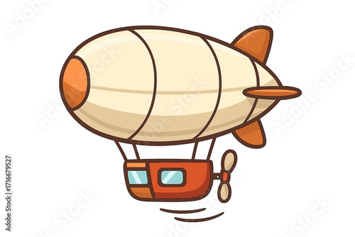 Cute cartoon airship vector illustration. Retro blimp or dirigible flying in the sky. Vintage zeppelin for travel and adventure concept. Kids transportation icon graphic element.