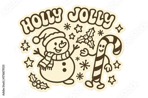 Groovy Christmas sticker with Holly Jolly text. Retro cartoon snowman and candy cane characters. Festive holiday celebration vector design for tee prints, posters, and cards.