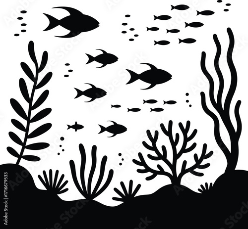 Underwater Plants and Fish Silhouette Illustration, Isolated Vector Art on Transparent Area