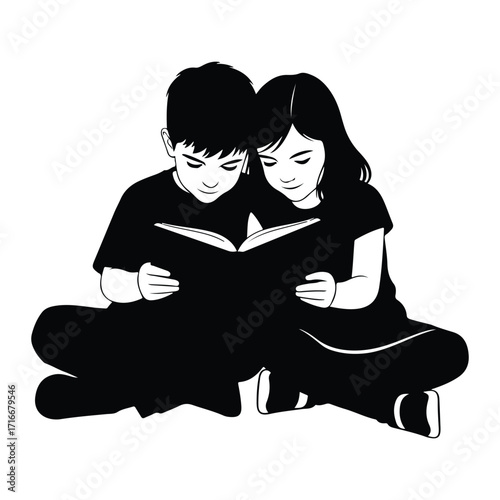 Children reading book together learning education