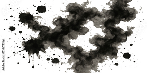 A bold black paint splash creates a unique artistic ink blot pattern