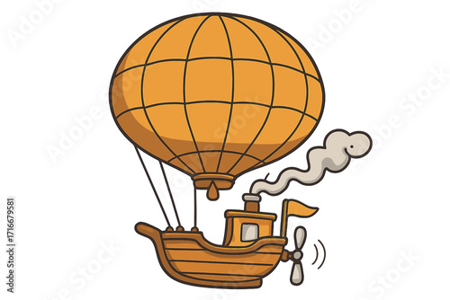 Steampunk airship flying. Cartoon vector illustration of a fantasy blimp. Vintage wooden boat with propeller and steam. Adventure travel concept. Isolated aerostat design.