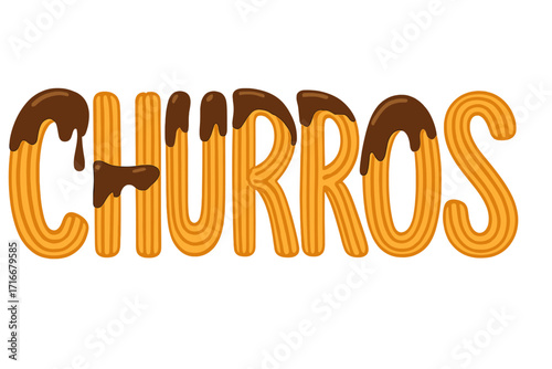 Churros lettering made of fried dough pastry with chocolate sauce. Vector food typography for menu, logo. Spanish or Mexican sweet dessert snack. Flat cartoon illustration.