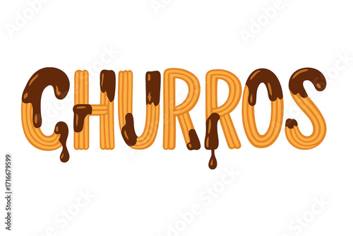 Churros lettering text made of fried dough sticks with dripping chocolate sauce. Sweet Spanish and Mexican dessert pastry. Delicious snack food typography concept vector cartoon.