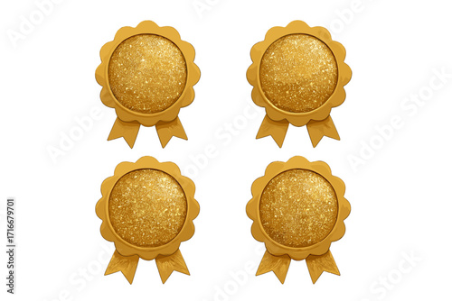 Gold award rosette set with glitter texture. Golden badge with ribbon. Vector prize icon for winner, quality guarantee, or premium product seal. Shiny luxury label.