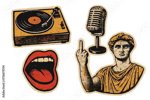 Retro music collage set. Grungy halftone stickers with record player, vintage microphone, singing mouth, rebel statue. Anti-establishment paper cut-out protest elements.