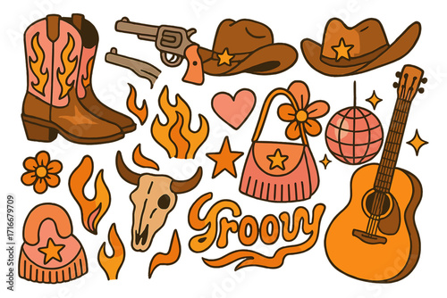 Groovy cowgirl 70s retro sticker pack. Western disco fashion. Collection with cowboy boots, hat, revolver, guitar, skull, and disco ball. Cute cartoon vector icon set. Y2K style.