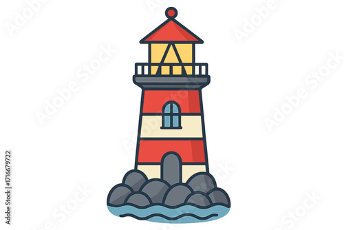 Lighthouse icon vector illustration. Red and white striped beacon tower on rocks by the sea. Coastal nautical symbol for navigation, safety, and travel. Marine cartoon design.