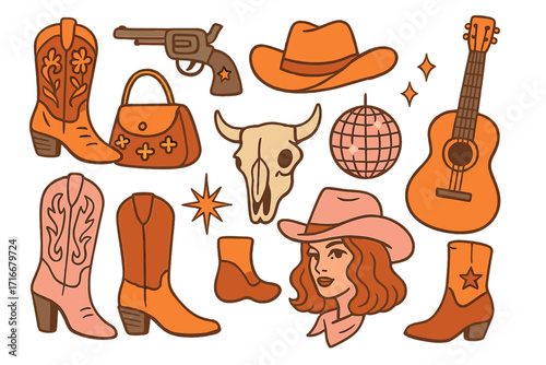 Groovy 70s retro cowgirl set. Western disco fashion elements with cowboy boots, hat, guitar, and skull. Nashville boho chic aesthetic. Vintage western clipart collection.