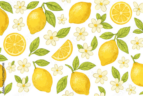 Lemon seamless pattern vector. Hand drawn pencil texture summer fruit. Amalfi citrus background with flower, leaf. Italian kitchen textile, fabric design. Naive food illustration.