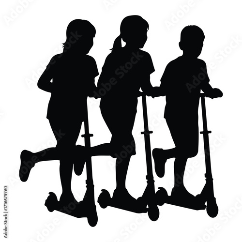 Children riding scooters kids outdoor