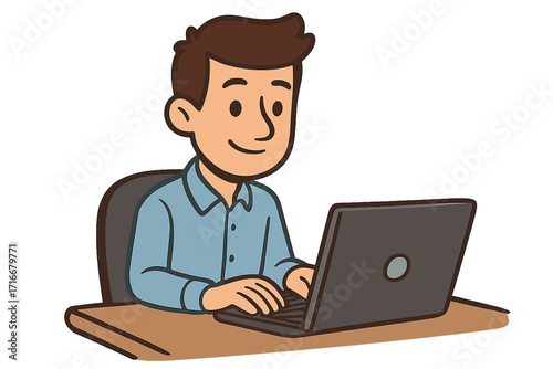 Man working on laptop computer at desk. Cartoon vector character illustration. Office worker, freelancer, or student studying. Business, technology, and remote work concept.