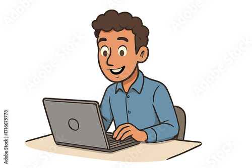Young man working on laptop computer at desk. Happy male character, student or freelancer studying online. Office worker or programmer coding. Cartoon vector illustration.