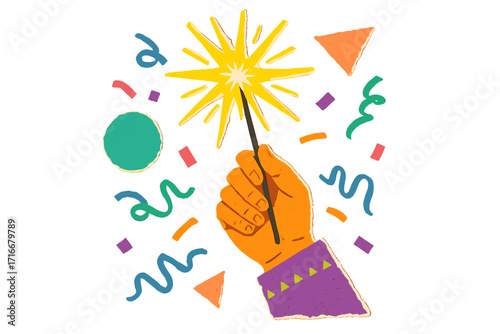 Retro 90s New Year celebration with hand holding a sparkler. Festive party scene with confetti and streamers in a vintage torn paper collage style. Abstract vector concept.