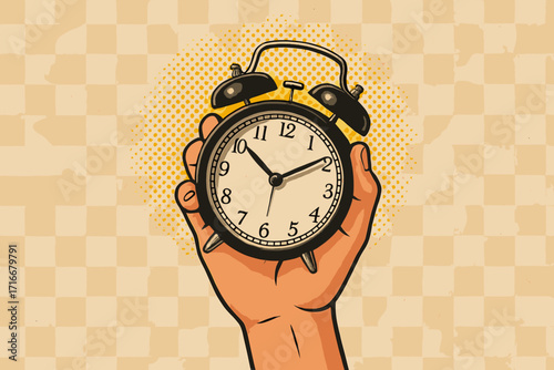 Deadline concept with hand holding an alarm clock. Retro comic pop art illustration. Time management, urgency, and wake up call metaphor. Vintage y2k vector graphic design.