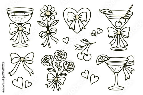 Coquette aesthetic line art set with cute vintage cocktail elements. Hand drawn icons of champagne, martini glass, flowers, hearts, cherry, and bows for elegant design.