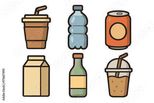 Drink and beverage icon set. Vector cartoon illustration collection. Includes coffee to go cup, plastic water bottle, soda can, milk carton, glass bottle and smoothie cup.