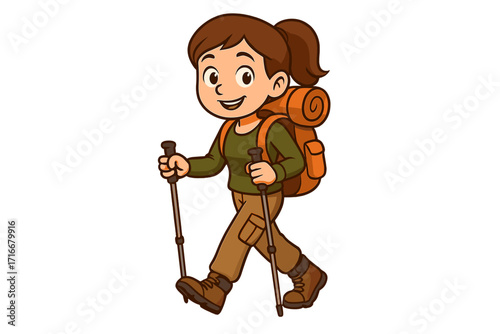 Happy cartoon girl hiking with a big backpack and trekking poles. Cute female character walking, exploring the outdoors. Vector illustration for travel, adventure and tourism.