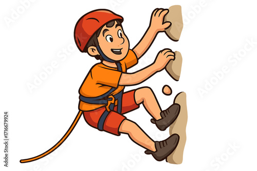 Cartoon boy rock climbing. Kid on a climbing wall with helmet and harness. Vector illustration of a child enjoying an adventurous sport. Active hobby and recreation.