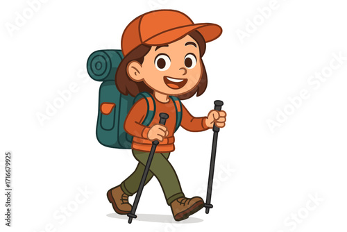 Happy cartoon girl hiking with backpack and trekking poles. Child character on an outdoor adventure. Vector illustration for kids, travel, and nature exploration concepts.