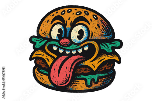 Crazy burger character with a funny face in urban graffiti style. Retro street art mascot for t-shirt, sticker, or apparel. Textured hand-drawn vector illustration.