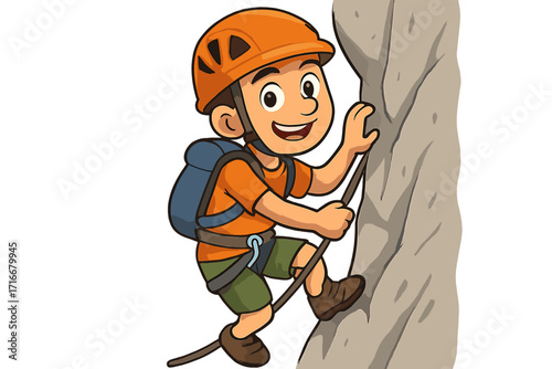 Happy cartoon boy rock climbing a mountain. Cute kid character ascending a cliff with a rope and safety helmet. Vector illustration of an extreme outdoor sport activity and adventure.