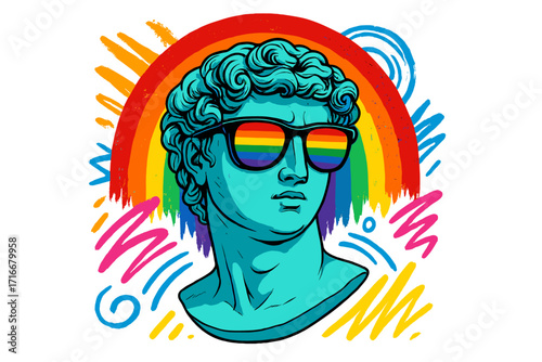 Antique David statue in LGBT colors sunglasses. Rainbow background, graffiti strokes. Groovy Pride Month vector. Concept of freedom, diversity, inclusion, and equality.