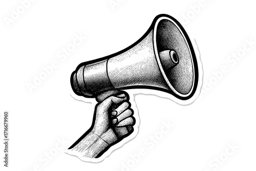 Hand holding megaphone pop art sticker. Loudspeaker for announcement, protest or breaking news. Retro black and white illustration. Communication, voice, alert concept vector.