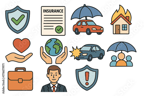 Big set of insurance vector icons. Car accident, house fire, health and life protection symbols. Infographic elements for policy, claim, family, and business coverage concepts.