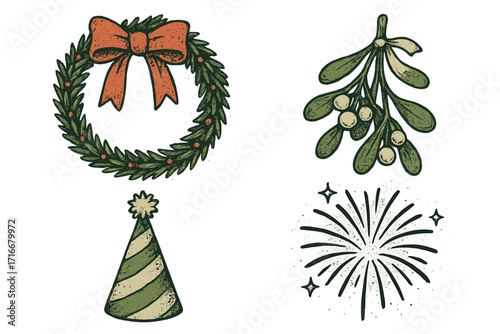 Festive vintage New Year and Christmas set with wreath, mistletoe, party hat, and fireworks. Vector illustration with halftone stipple texture for gift cards and collages.