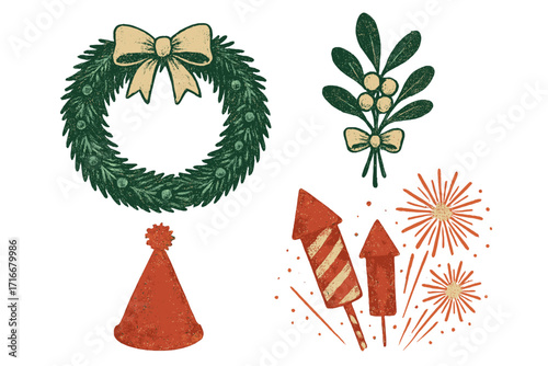 Vintage New Year & Christmas party set. Festive holiday illustration with wreath, mistletoe, party hat, and fireworks. Retro vector elements with grunge stipple texture.