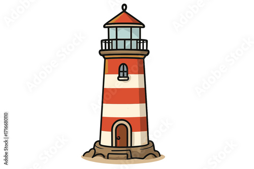 Cartoon lighthouse vector illustration. Striped nautical beacon tower for marine navigation and safety. Coastal seashore icon isolated on a transparent background. Hope concept.