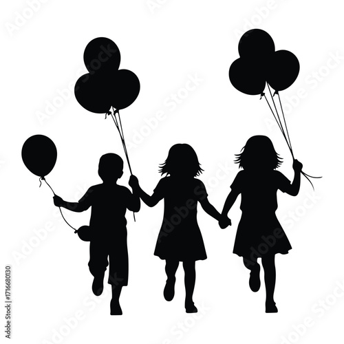 Children running with balloons silhouette black