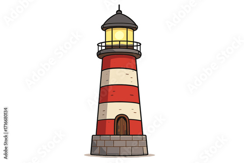 Lighthouse vector cartoon illustration. Nautical navigation beacon tower on the coast. Maritime safety and guidance concept. Red and white striped sea searchlight symbol design.