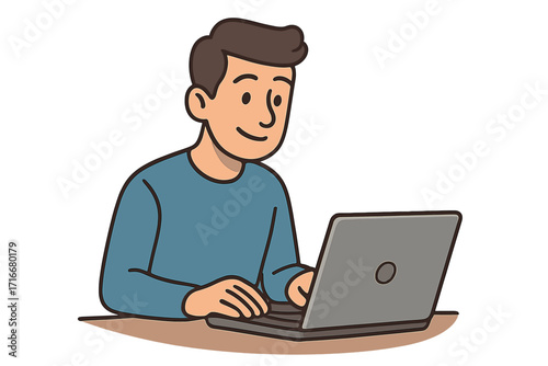 Man working on laptop computer at desk. Vector cartoon character illustration. Concept of remote work, freelance, online education, programming, business or communication.