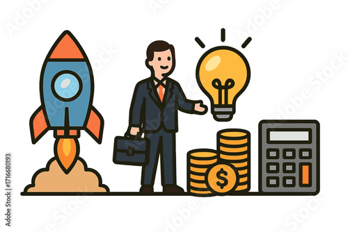 Entrepreneurship and innovation icon collection. Rocket for startup launch, lightbulb for new ideas, calculator for budget and money for investment and financial success.