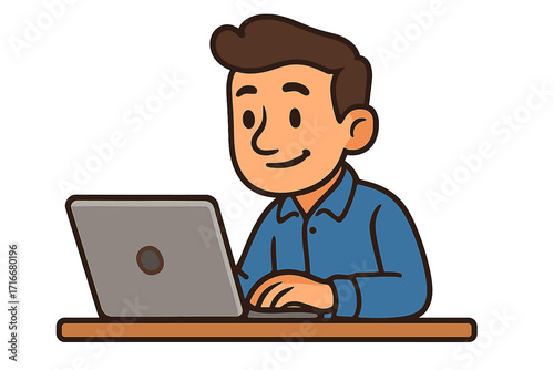 Young man working on laptop at desk. Cartoon character illustration for business, remote work, or studying. Freelancer, student, or programmer using computer. Office concept.