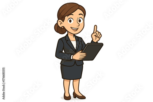 Businesswoman cartoon character having an idea. Professional woman in a suit holding a tablet, explaining, and pointing up. Vector illustration of a female manager or consultant.