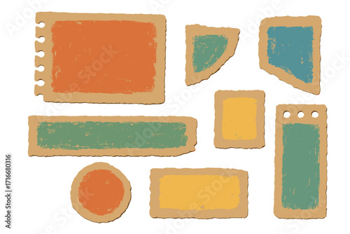 Collage art set of vintage paper elements. Torn craft notebook shapes, ripped cardboard notes, grunge labels. Textured paint pattern for scrapbooking and zine culture design.