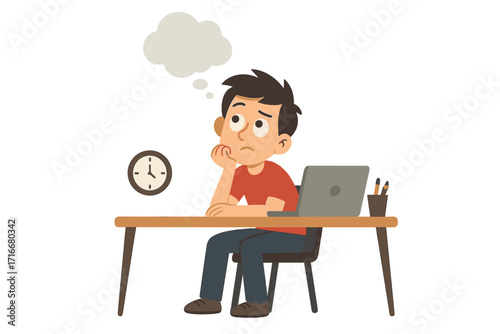 Bored man procrastinating at desk. Unmotivated student or employee with writer's block. Tired sad character thinking. Daydreaming and burnout concept. Deadline pressure.
