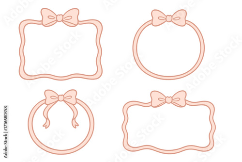 Coquette aesthetic frames set with girly ribbon bow. Hand drawn cute vector border for card, invitation or label. Y2K style decorative graphic element collection for design.