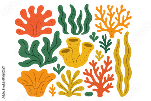 Collection of corals and seaweed. Underwater ocean flora set. Cartoon groovy marine plants for seabed design. Vintage botanical elements in retro flat vector illustration.