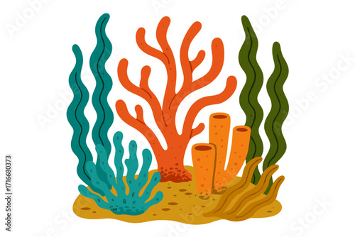 Corals and seaweed on the seabed. Underwater ocean flora cartoon illustration. Groovy marine plants in retro flat vector style. Vintage botanical aquatic elements design.