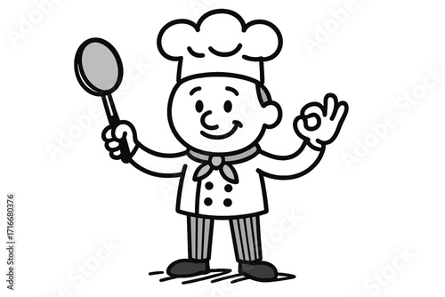 Vector cartoon chef cooking character with spatula and OK gesture, happy cook in uniform, culinary professional illustration for food, restaurant, kitchen, cooking banners and marketing