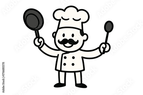 Cartoon chef character with mustache holding frying pan and spoon, cooking illustration. Cute chef in uniform with hat, kitchenware icons, cooking concept, vector set design for food and restaurant.