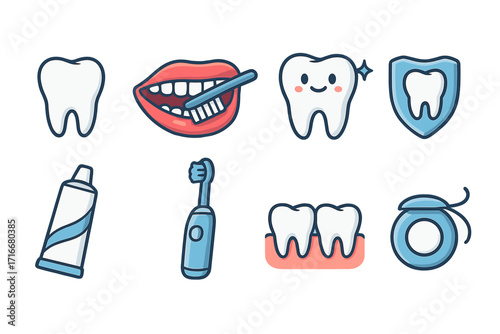Dental care icons set with tooth, toothbrush, toothpaste, electric brush, floss and healthy gums. Oral hygiene symbols. Clean teeth vector illustrations. Smile protection and dental health concept.