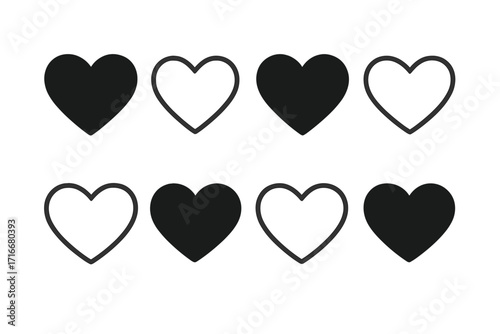 Set of black heart icons. Solid and outline love symbols. Simple vector graphic for Valentine's Day, social media like button, favorite icon. Flat design element collection.