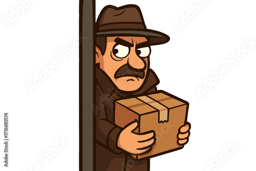 Suspicious man in trench coat and hat holding cardboard box stealthy spy secretive character illustration, sneaky person hiding behind wall, mystery delivery concept