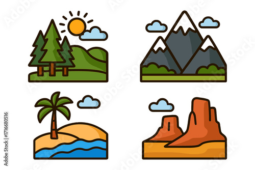 Cartoon vector icons set of nature landscapes including sunny forest hill, snowy mountain range, tropical island with palm tree, and desert canyon rock formations with clouds and clear sky